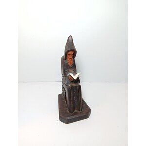 Vintage JOM Hand Carved Handmade Wood Monk Reading Bookshelf Decor